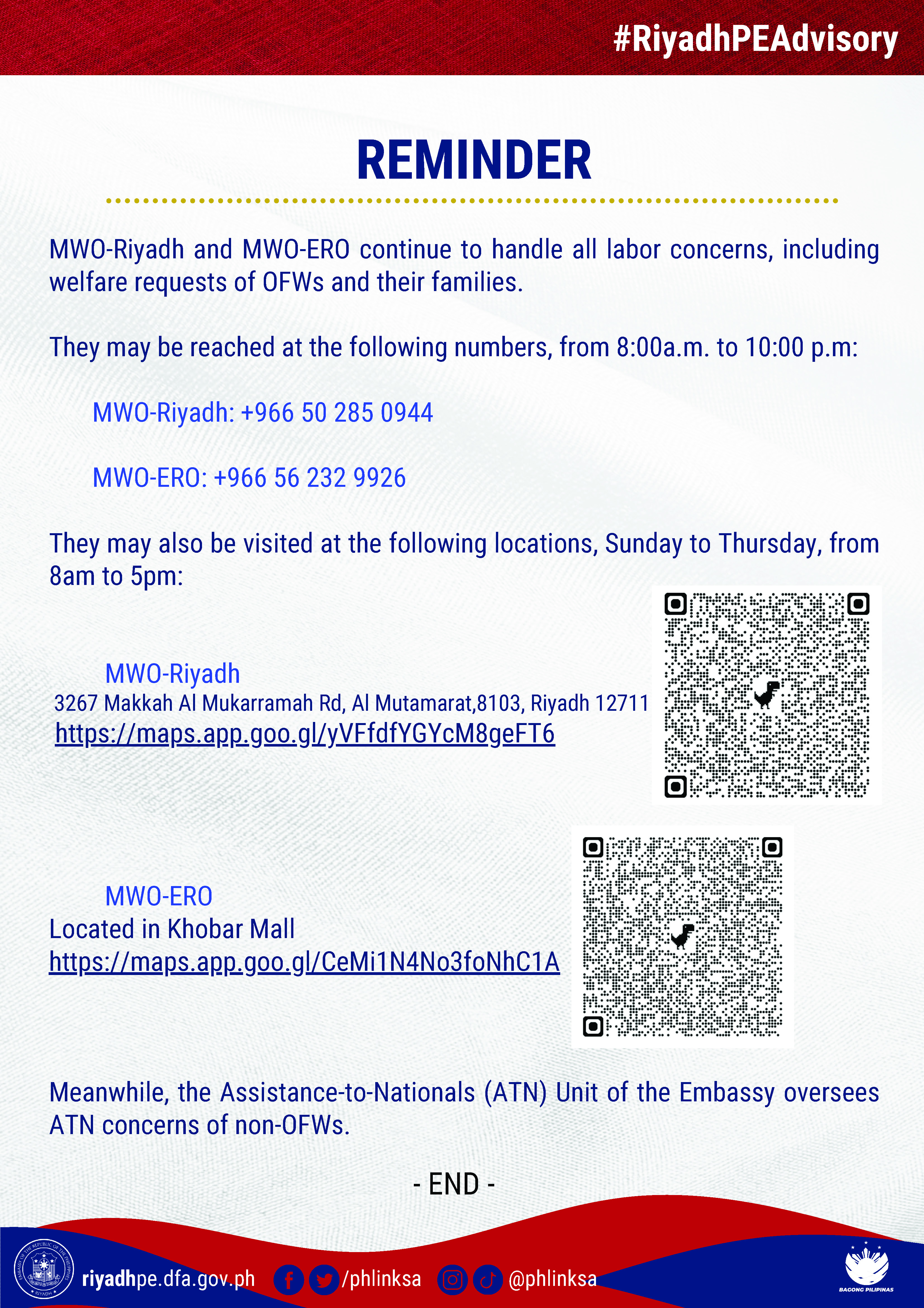 MWO Riyadh and MWO ERO continue to handle all labor concerns including requests of OFWs and their families Eng