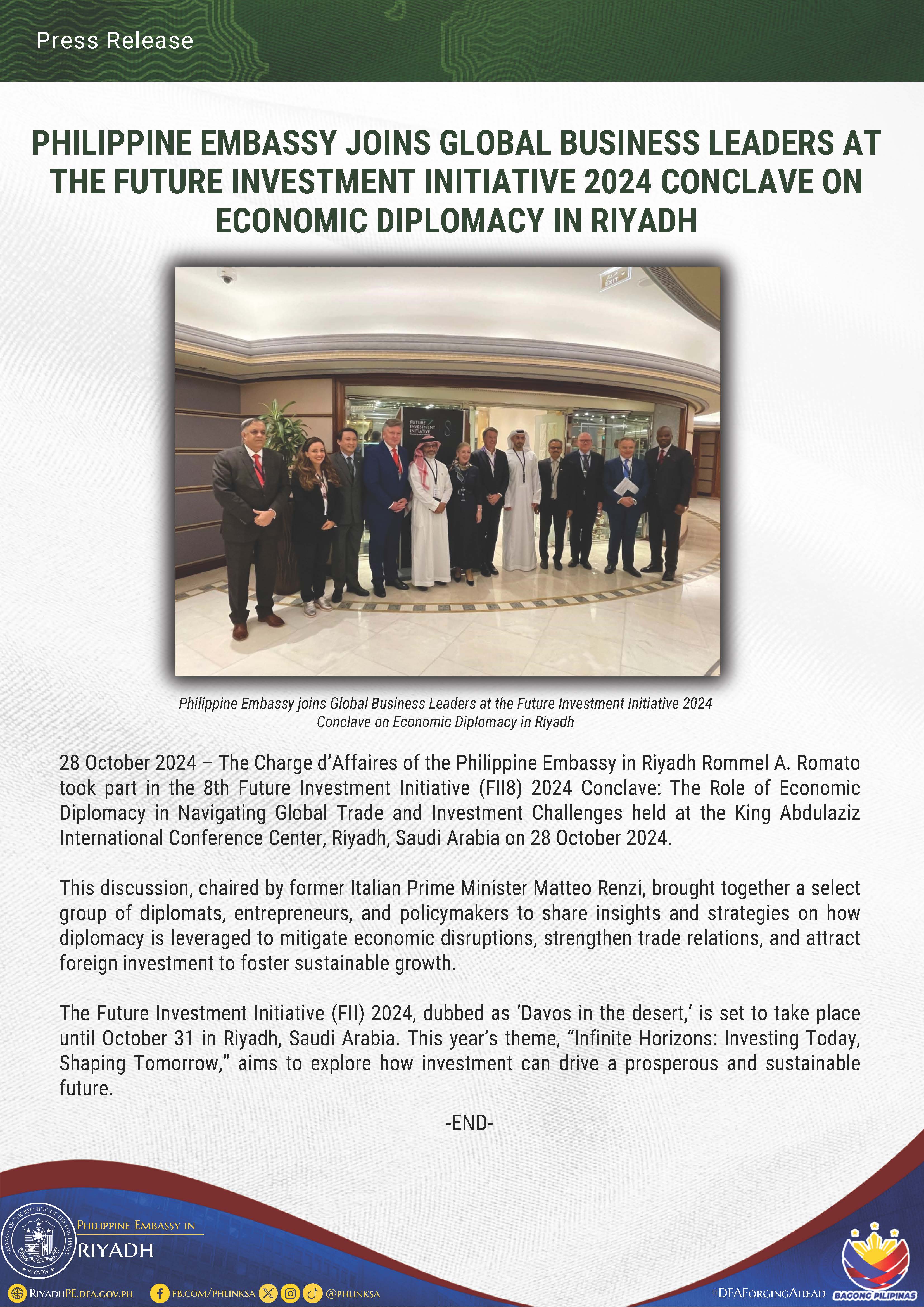 PR 046 2024 PHILIPPINE EMBASSY JOINS GLOBAL BUSINESS LEADERS AT THE FUTURE INVESTMENT INITIATIVE 2024