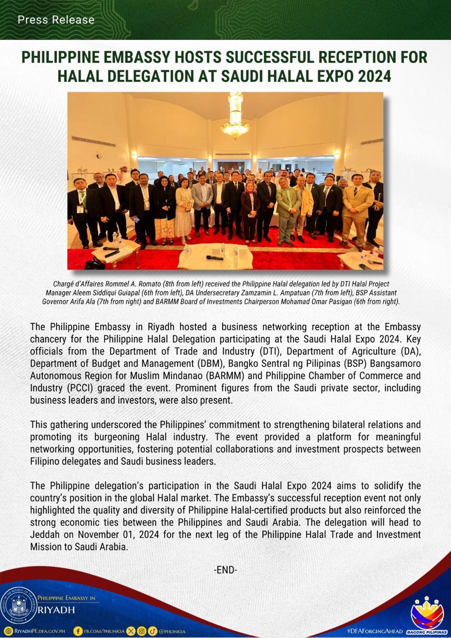 PR 047 2024 Philippine Embassy Hosts Successful Reception for Halal Delegation at Saudi Halal Expo 2024