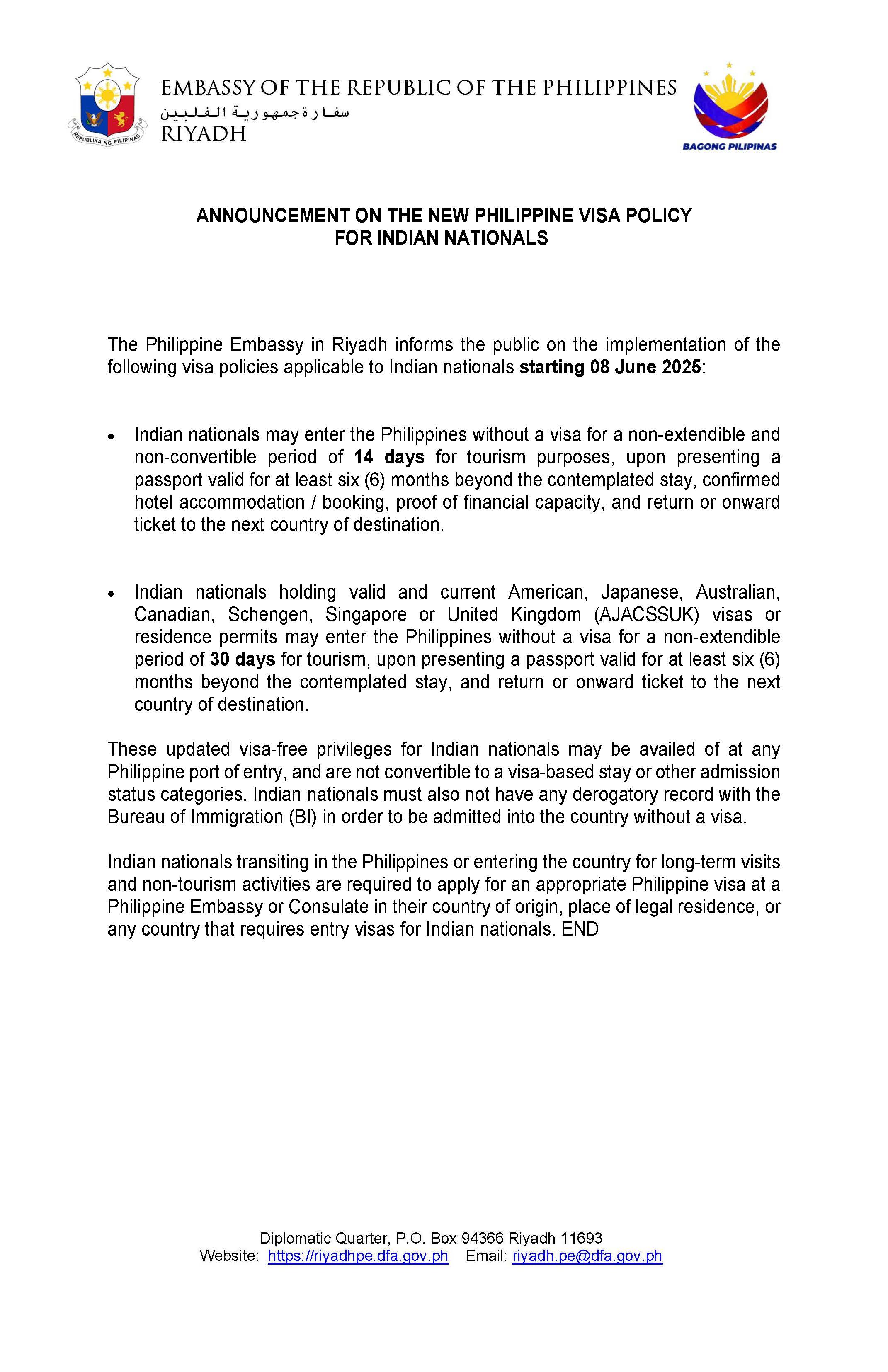 ANNOUNCEMENT ON THE NEW PHILIPPINE VISA POLICY FOR INDIAN NATIONALS