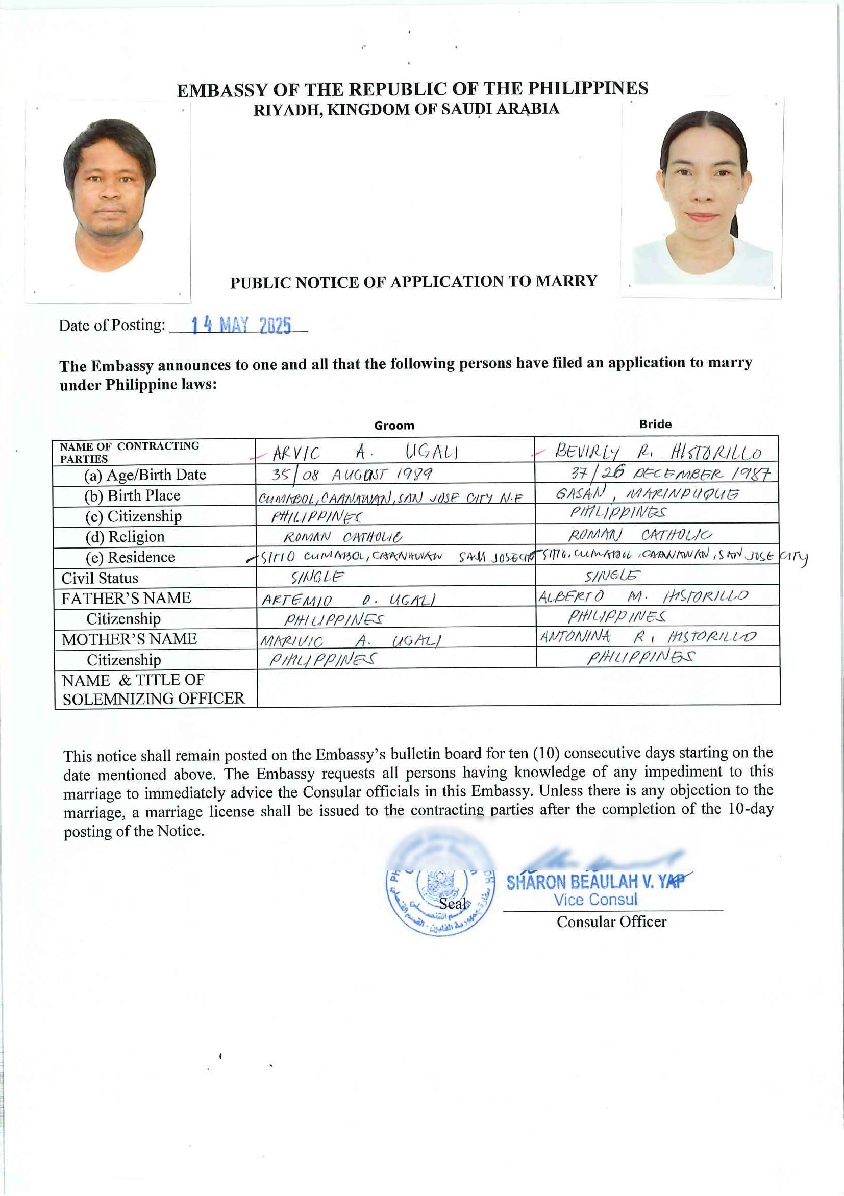 Mr Arvic Ugali and Ms Bevirly Historillo 14 May 2025