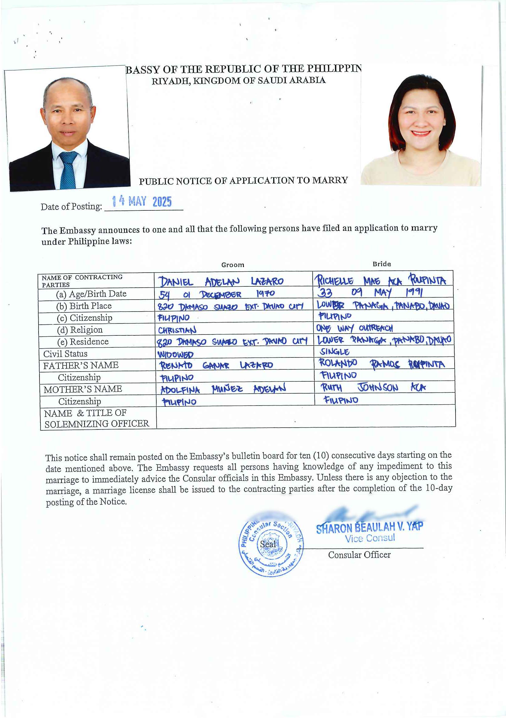 Mr Daniel Lazaro and Ms Richelle Mae Rupinta 14 May 2025