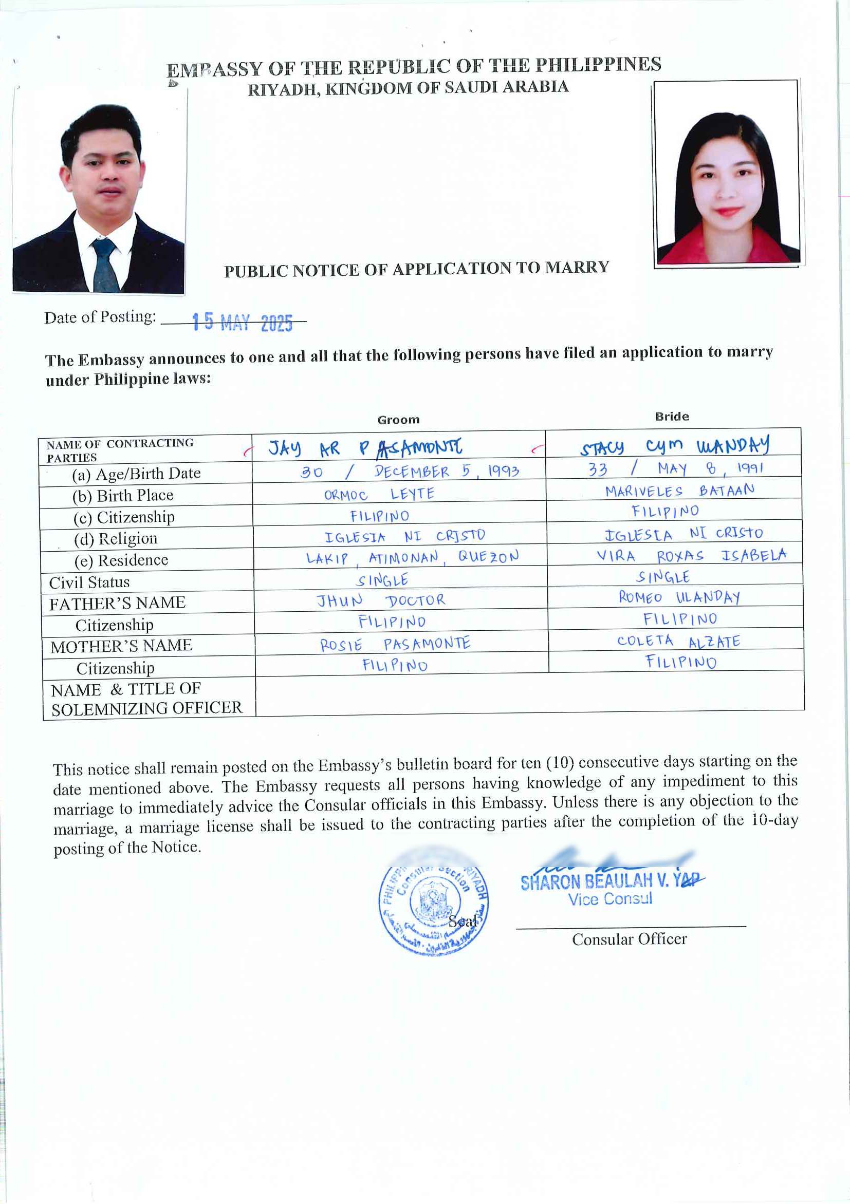 Mr Jay Ar Pasamonte and Ms Stacy Ulanday 15 May 2025