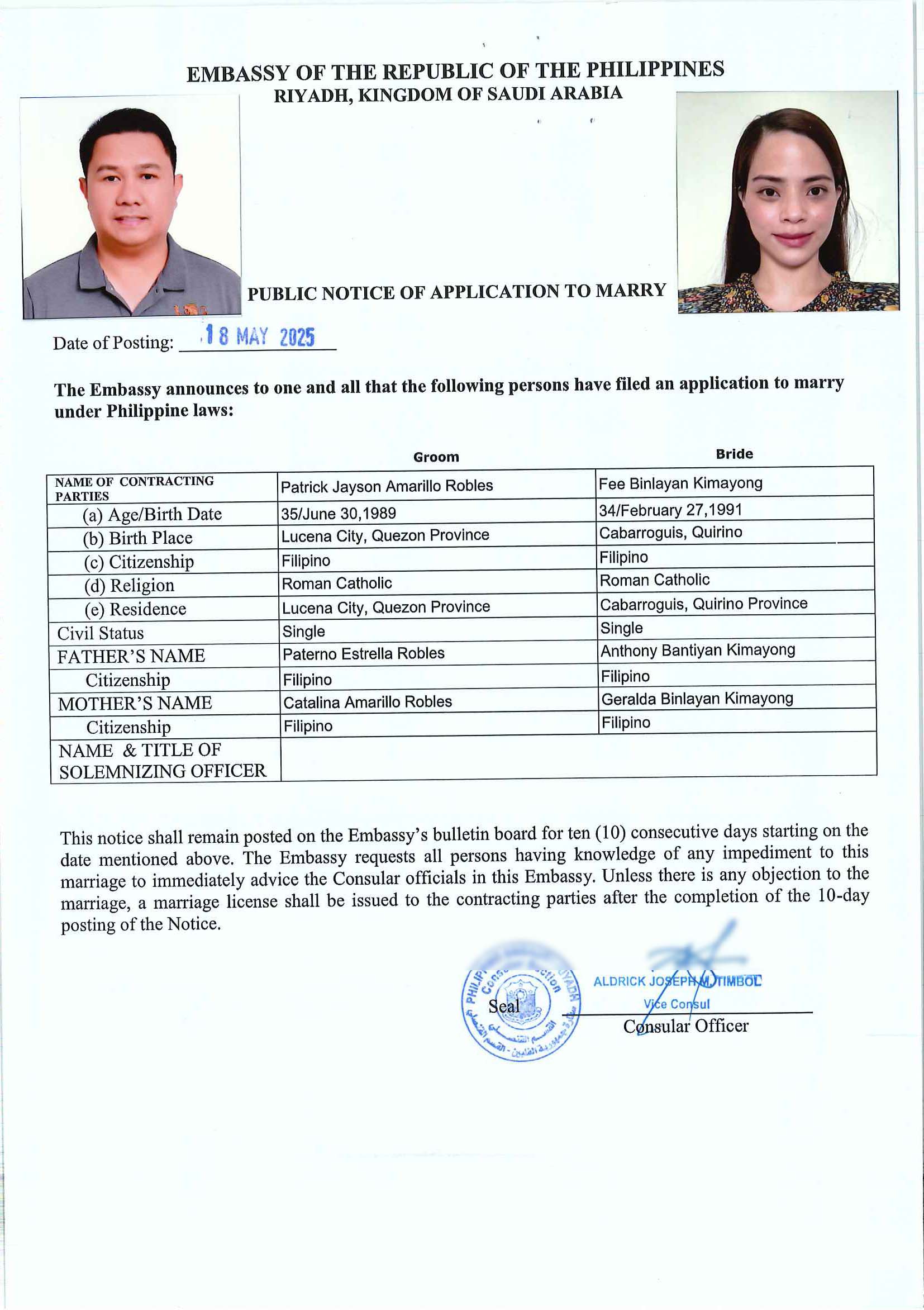 Mr Patrick Jayson Robles and Ms Fee Binlayan Kimayong 18 May 2025