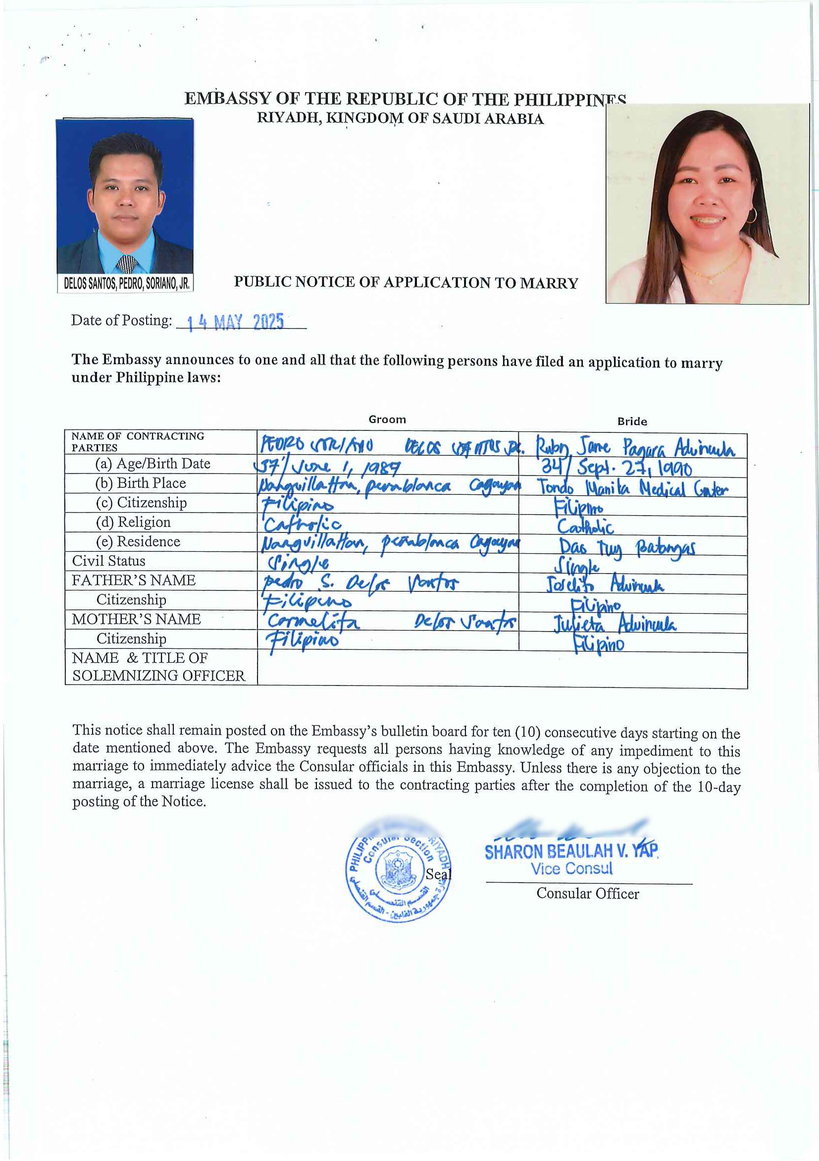 Mr Pedro Soriano Delos Santos Jr and Ms Ruby Jane Advincula 14 May 2025