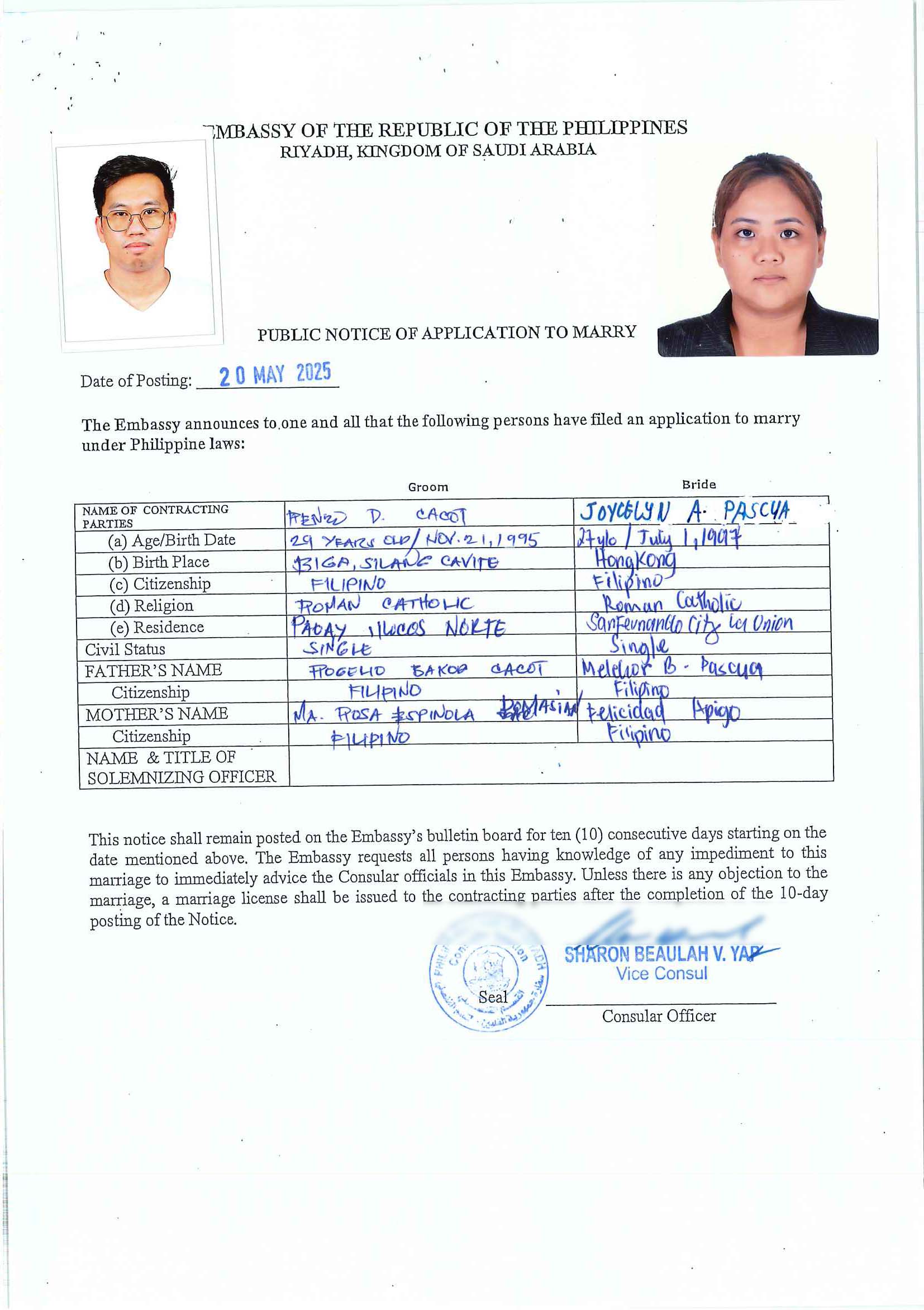 Mr Renzo Cacot and Ms Joycelyn Pascua 20 May 2025