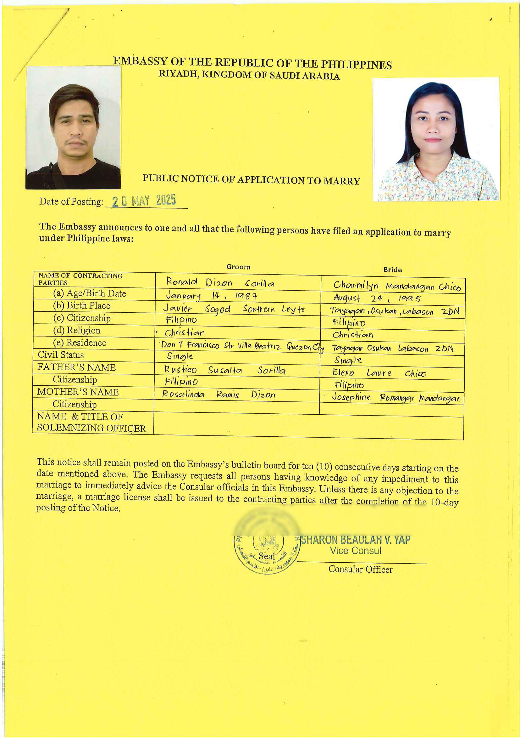 Mr Ronald Sorilla and Ms Charmilyn Chico 20 May 2025
