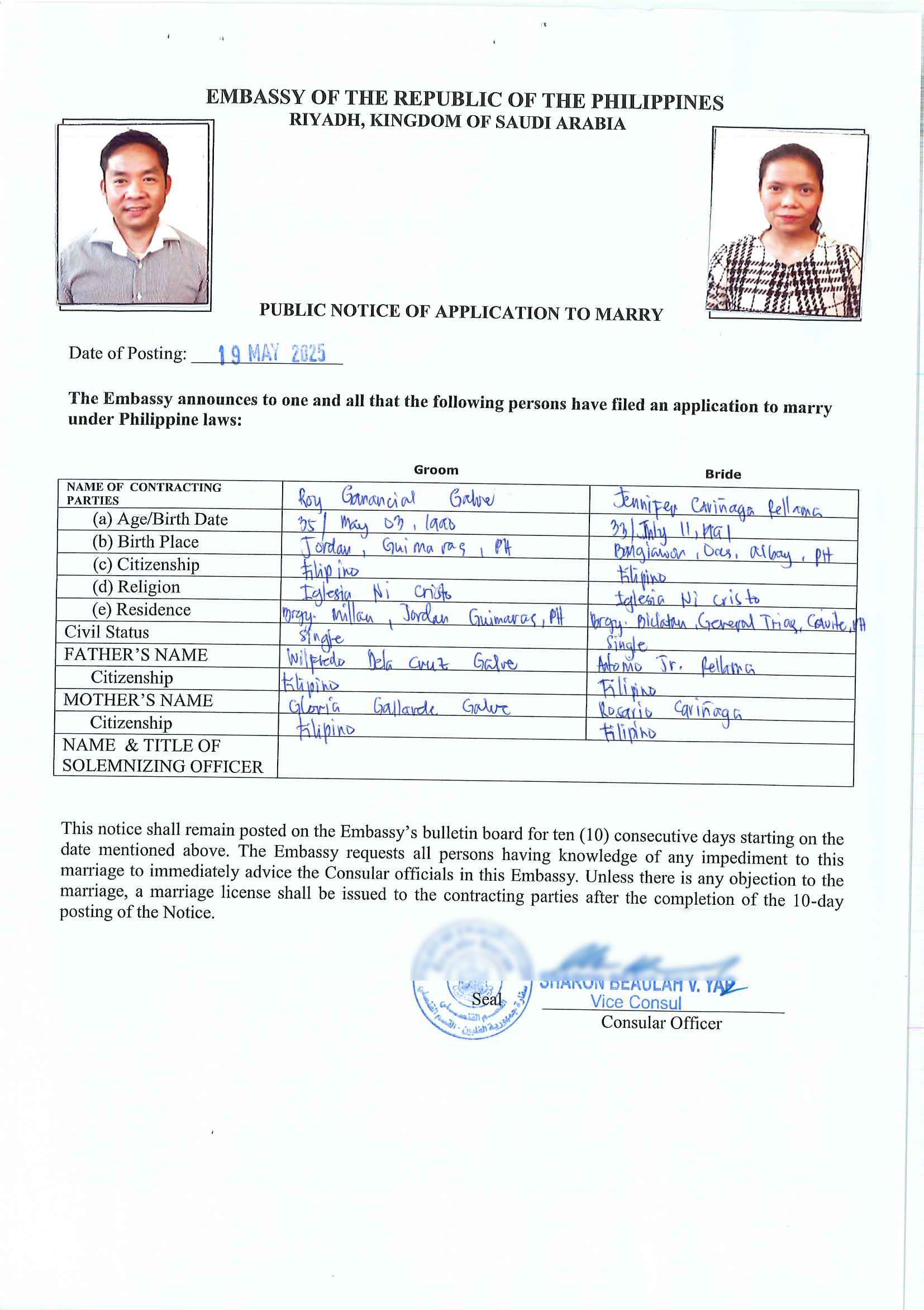 Mr Roy Galve and Ms Jennifer Rellama 19 May 2025