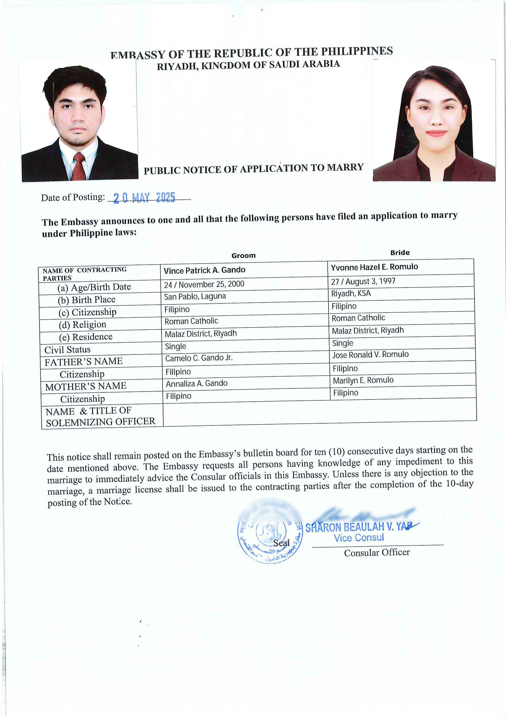 Mr Vince Patrick Gando and Ms Yvonne Hazel Romulo 20 May 2025