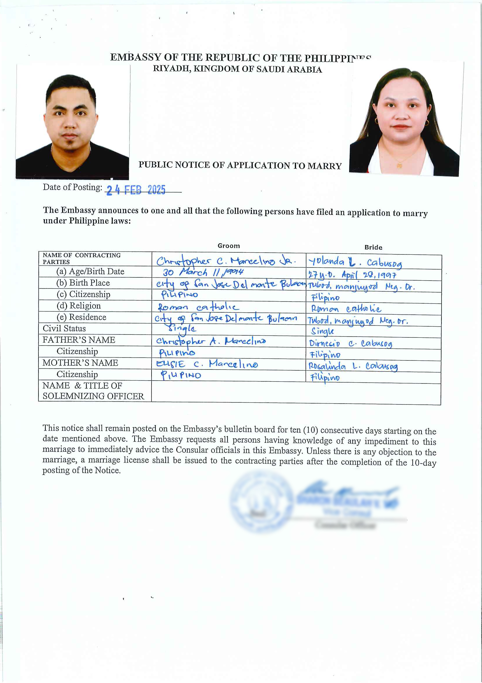 Mr Christopher Mancelino Jr and Ms Yolanda Cabusog 24 Feb 2025