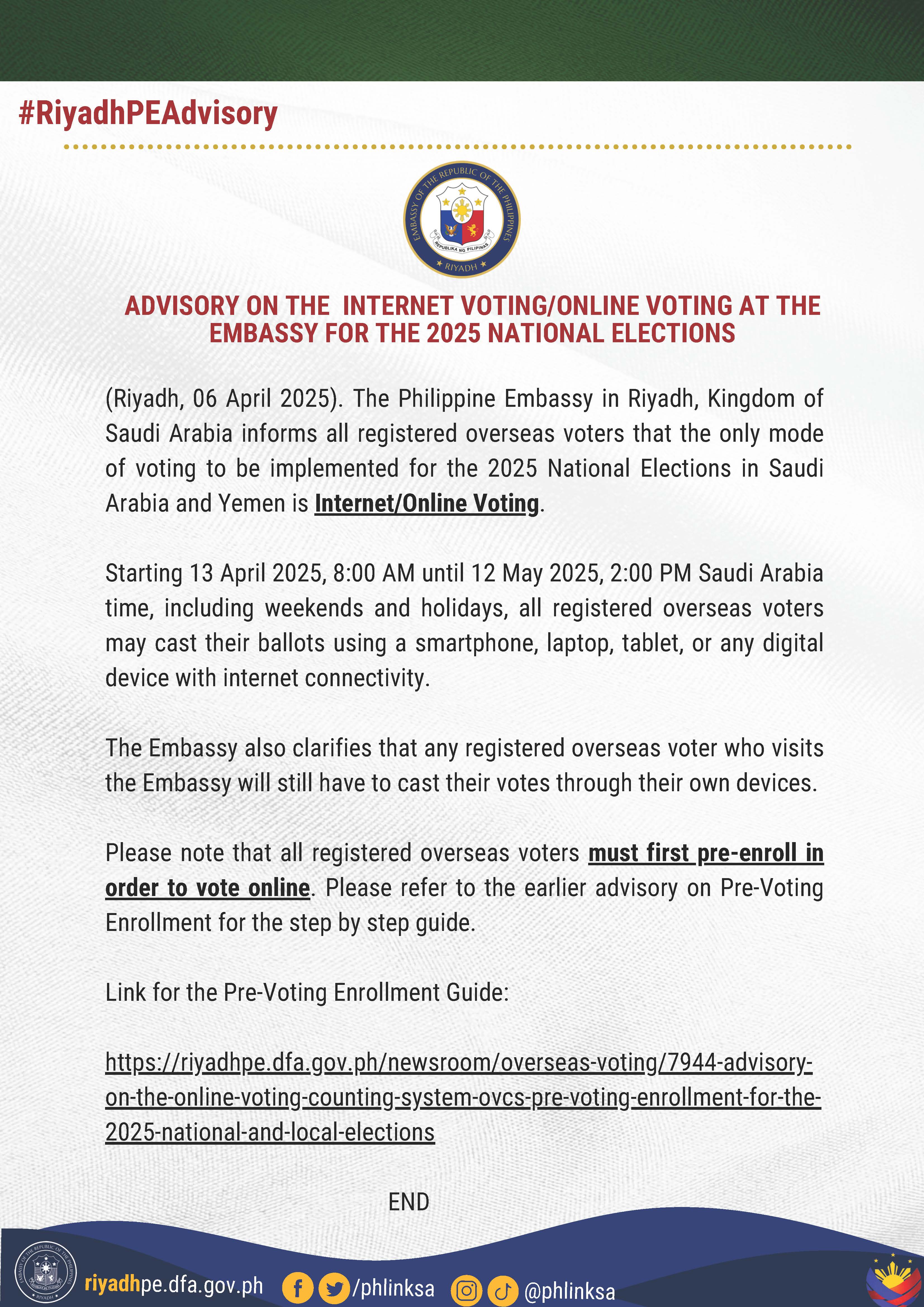 Advisory on the Internet Voting Online Voting at the Embassy for the 2025 National Elections