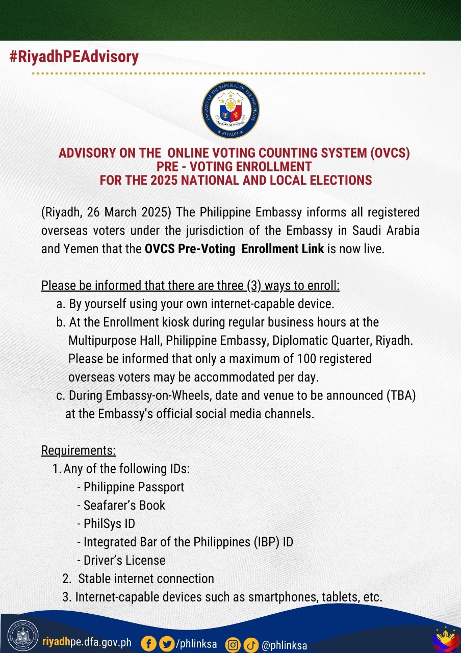 Advisory on the Online Voting Counting System OVCS Pre Voting Enrollment for the 2025 National and Local Elections p1