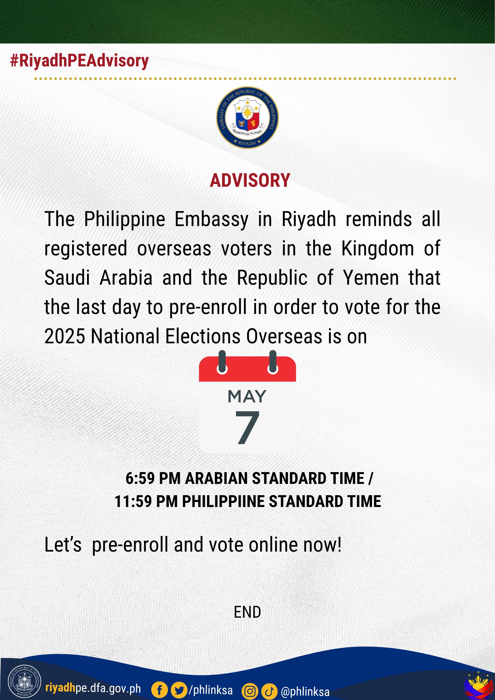 Last Day to Pre enroll in Order to Vote for the 2025 National Elections Overseas is on 07 May 2025 eng