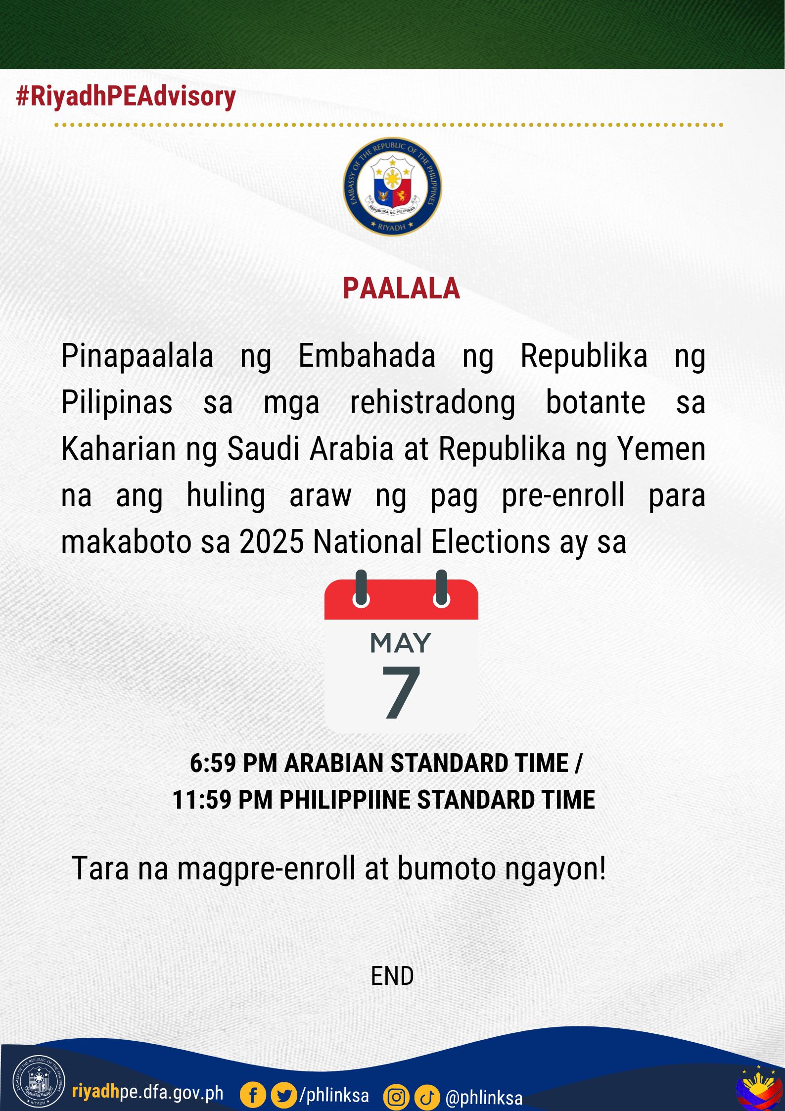 Last Day to Pre enroll in Order to Vote for the 2025 National Elections Overseas is on 07 May 2025 tag