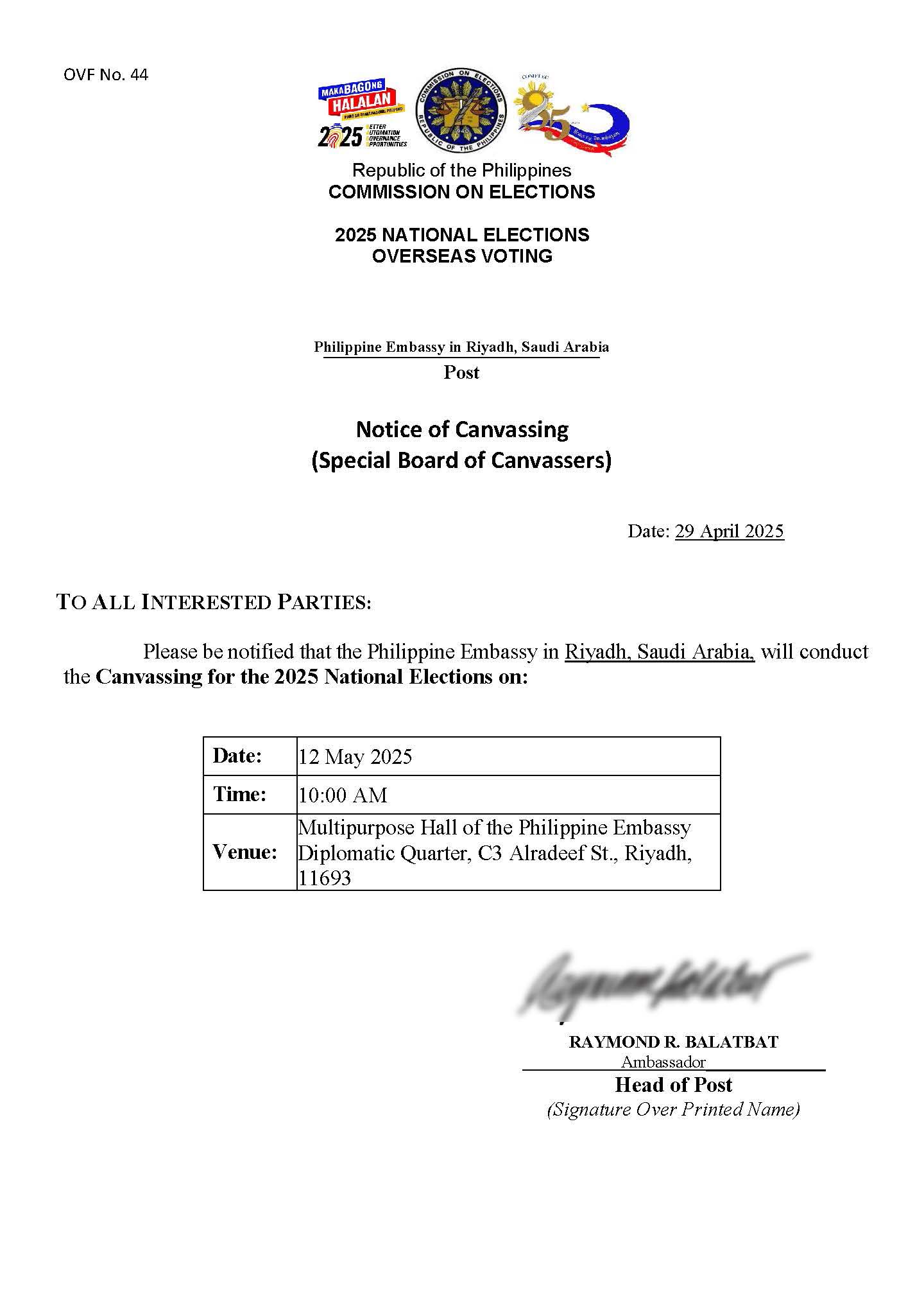 Notice of Canvassing Special Board of Canvassers