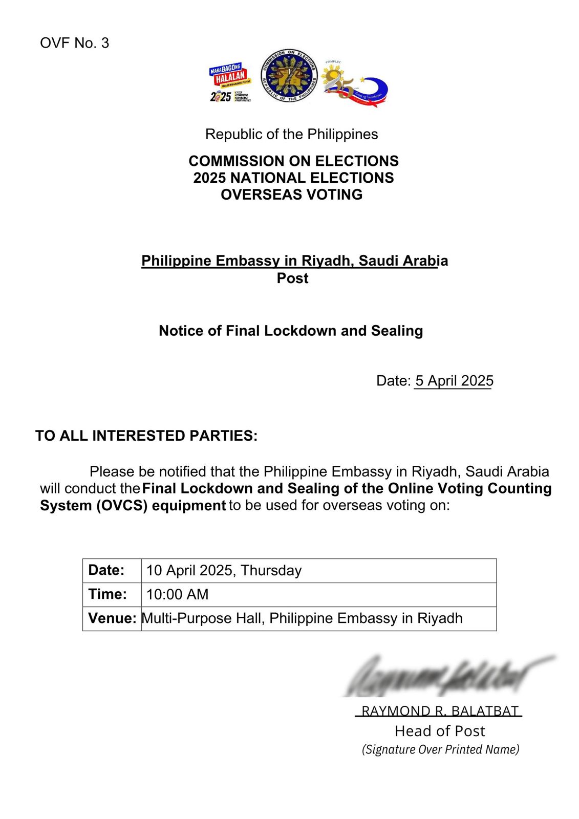 Notice of Final Lockdown and Sealing of the Online Voting Counting System OVCS