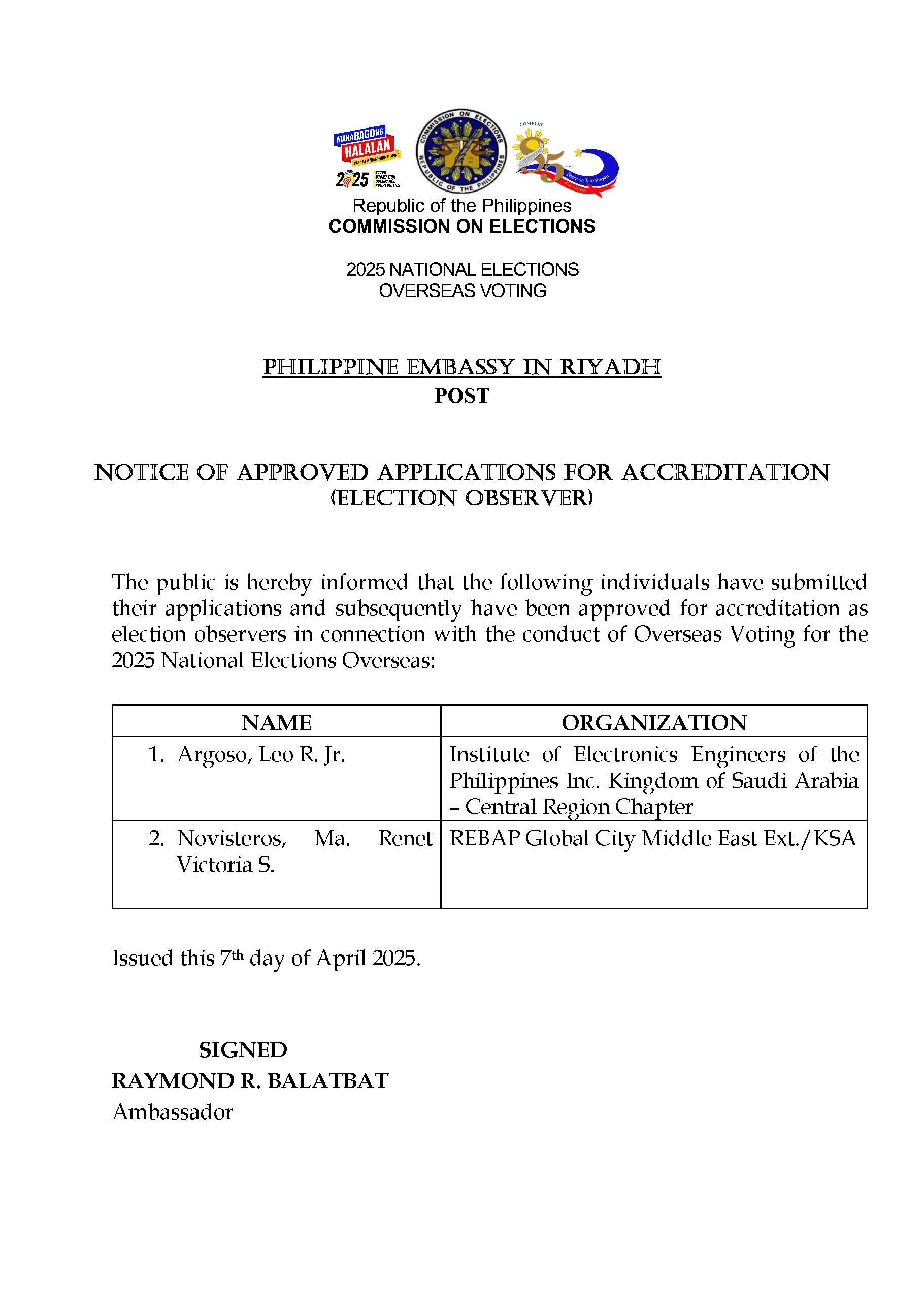 Notice on Accreditation of Election Observer for the 2025 National Elections Overseas Voting