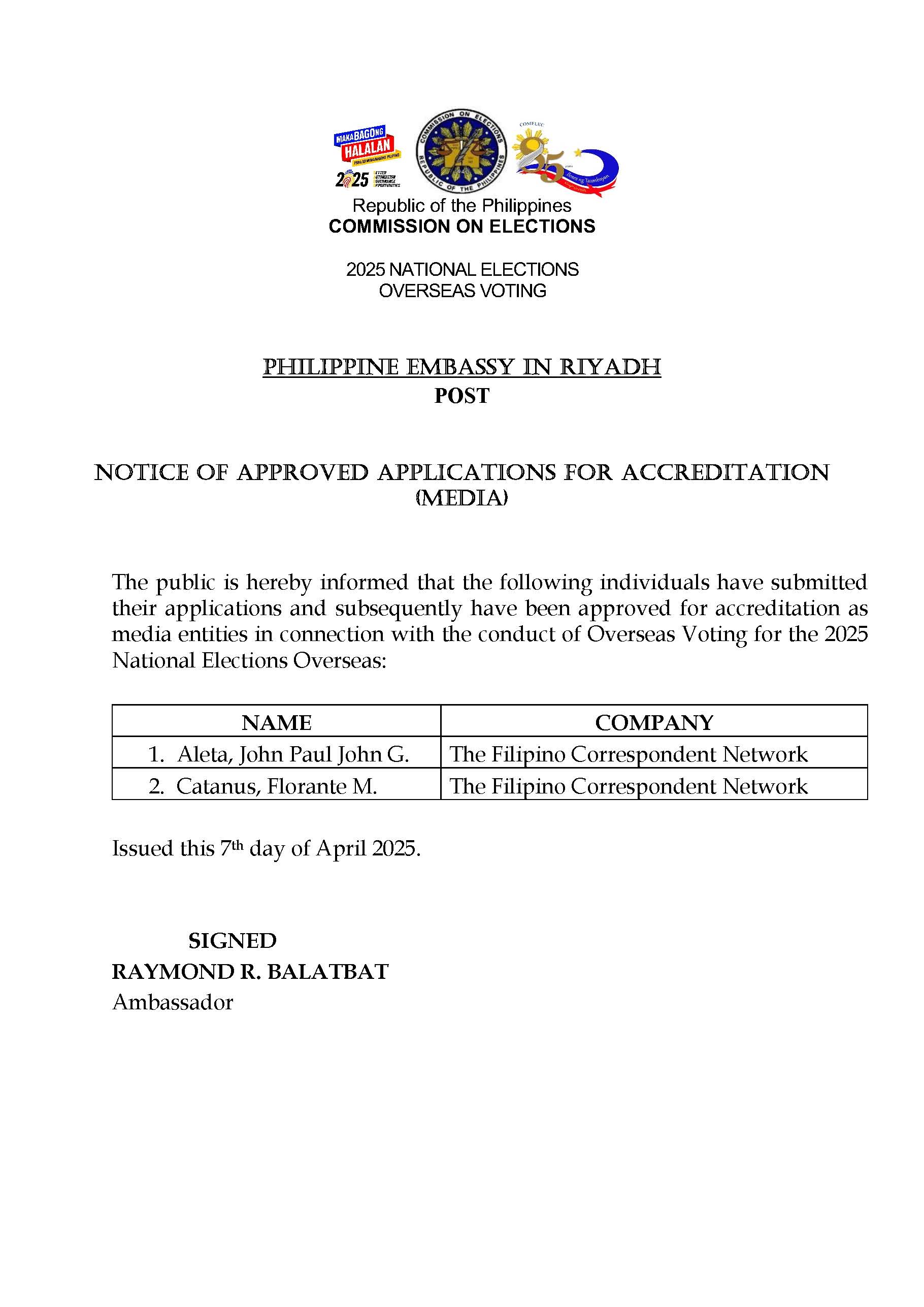 Notice on Accreditation of Media Entities for the 2025 National Elections Overseas Voting