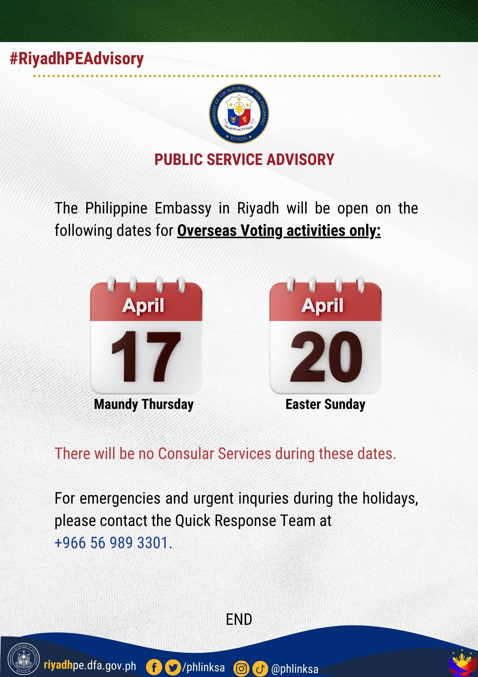 Public Service Advisory Overseas Voting Activities on 17 and 20 April 2025