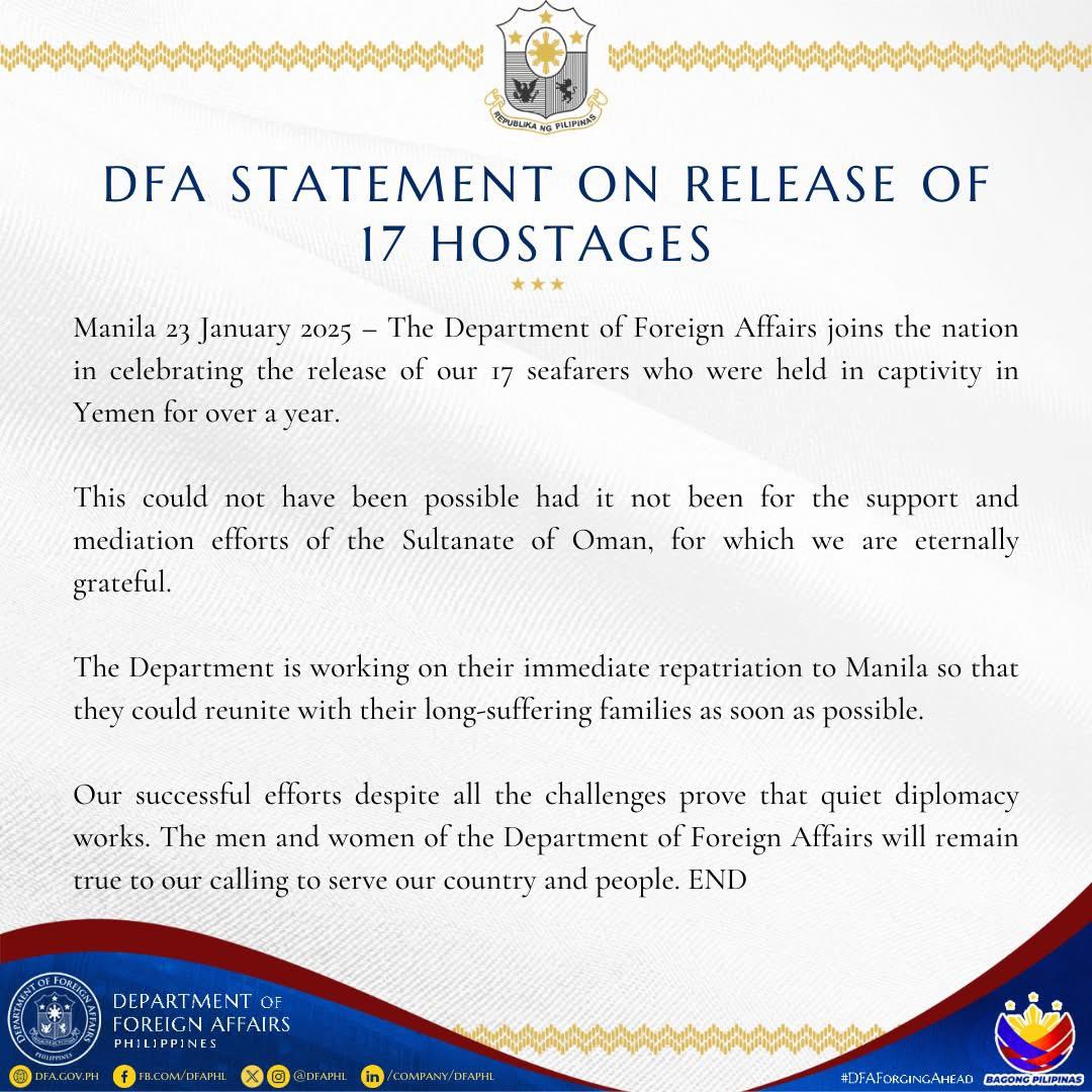 PR 002 2025 DFA STATEMENT ON RELEASE OF 17 HOSTAGES
