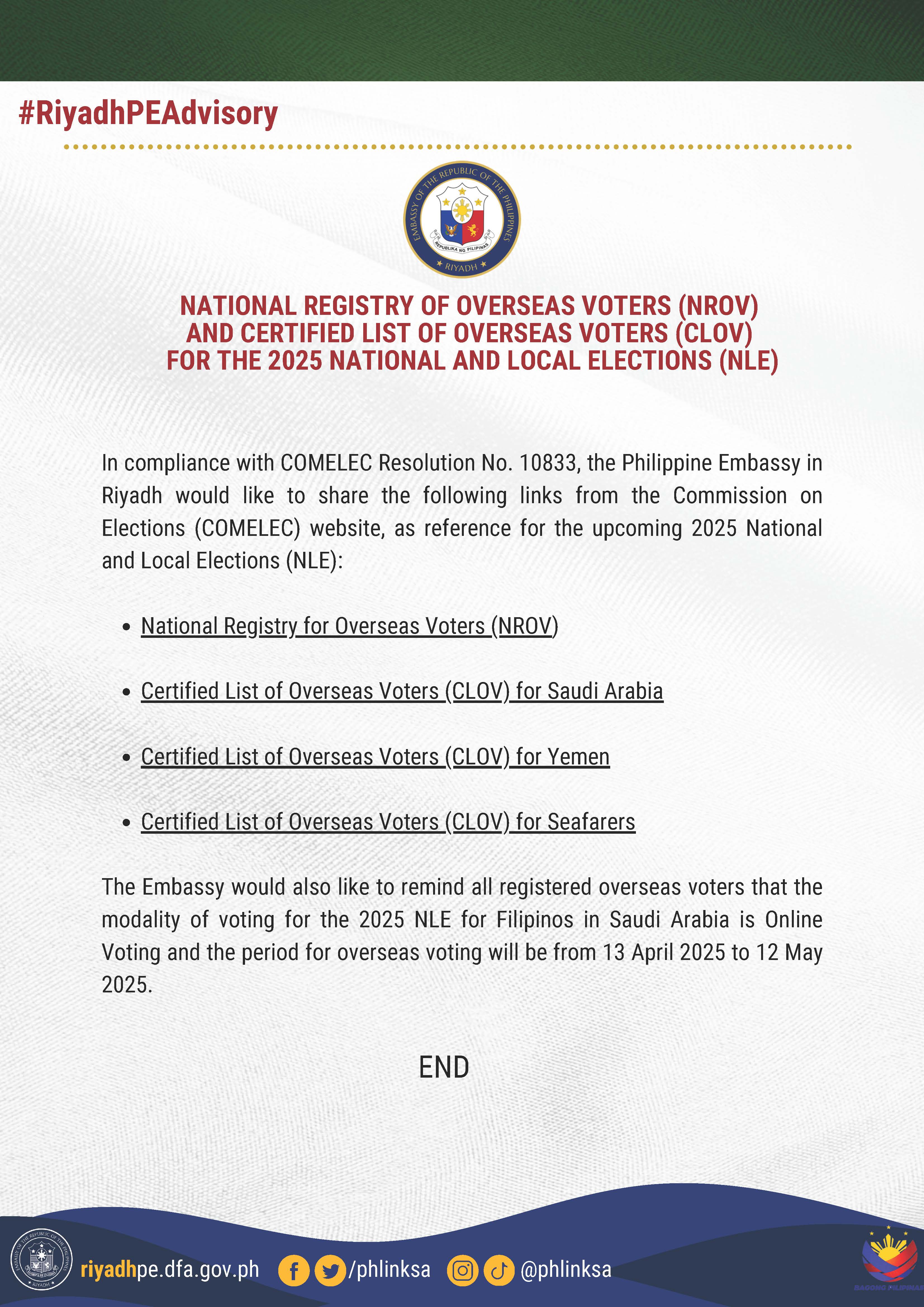 PR 003 2025 NATIONAL REGISTRY OF OVERSEAS VOTERS NROV AND CERTIFIED LIST OF OVERSEAS VOTERS CLOV FOR THE 2025 ELECTIONS NLE