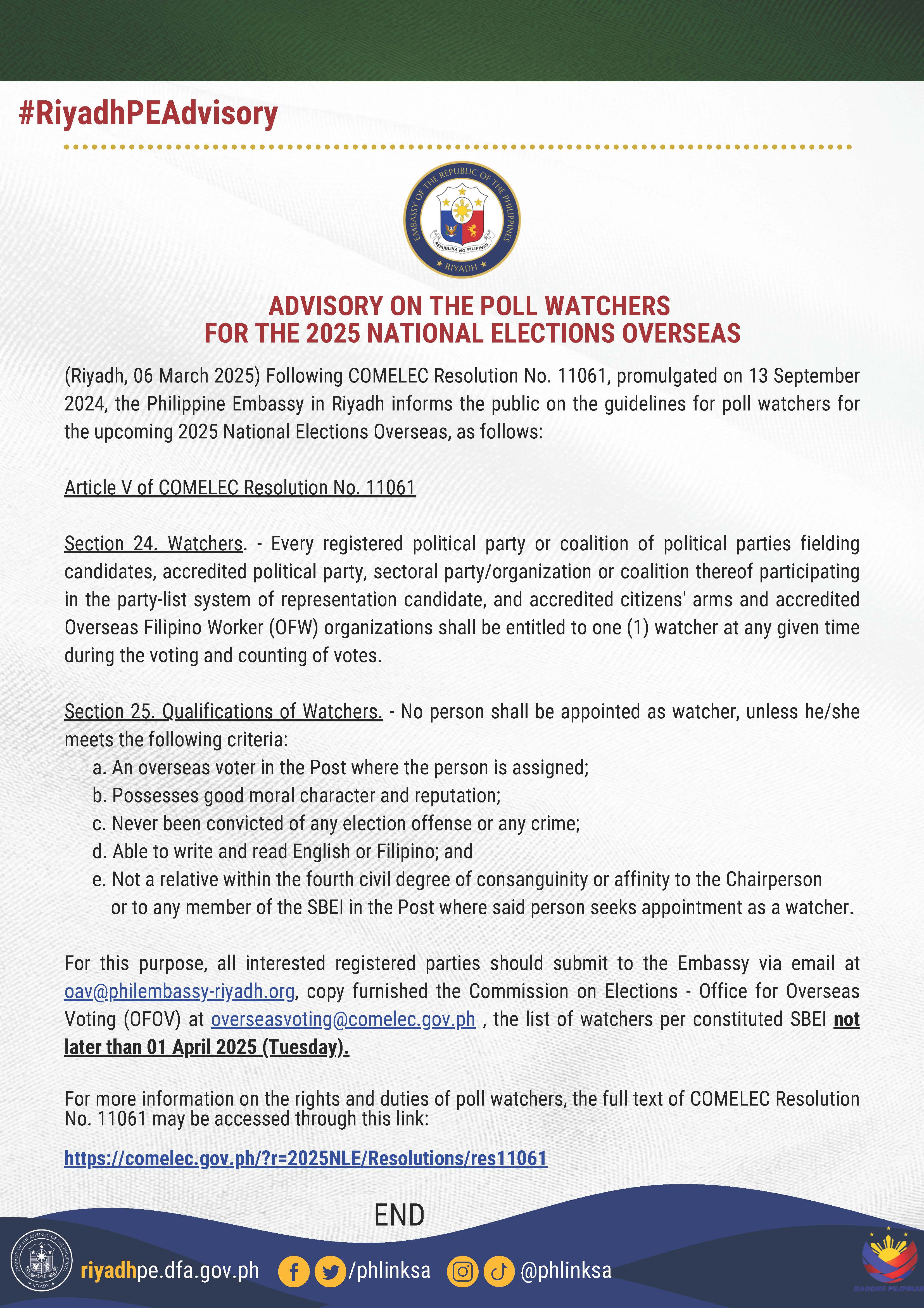 PR 009 2025 Final Advisory on Poll Watchers