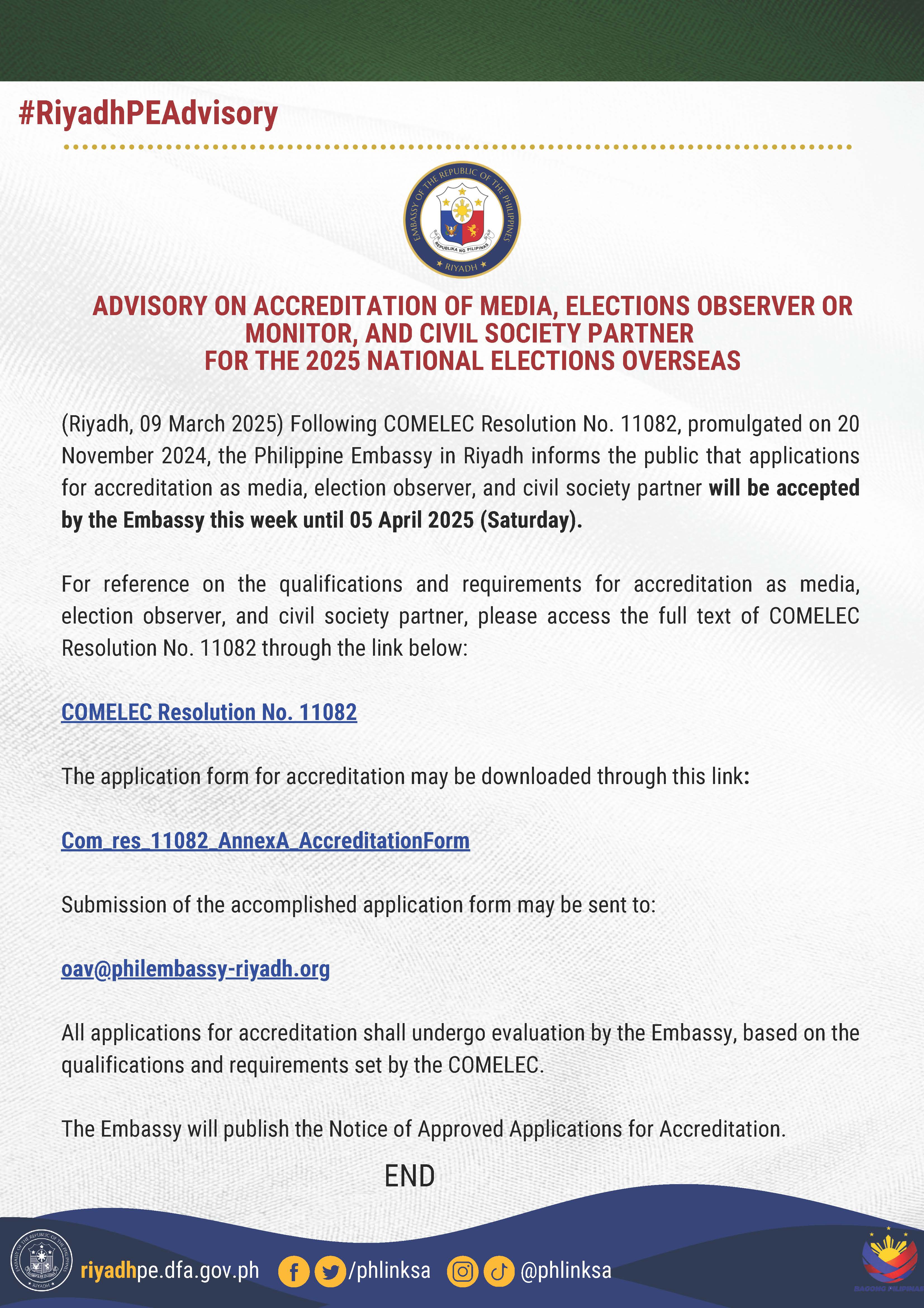 PR 011 2025 Advisory on Accreditation of Media Elections Observer or Monitor and Civil Society Partner for the 2025 National Elections Overseas