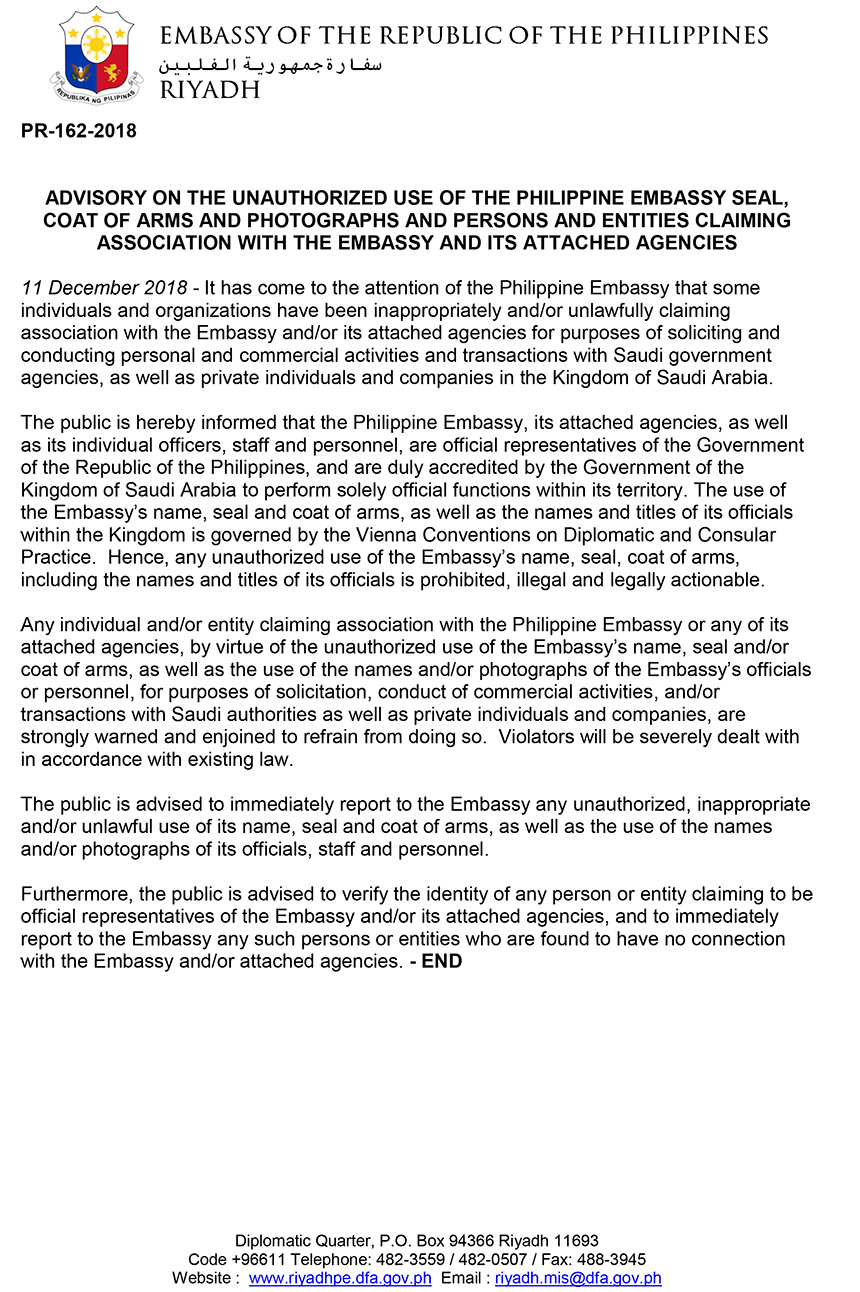 PR 162 2018 ADVISORY ON THE UNAUTHORIZED USE OF THE PHILIPPINE EMBASSY SEAL