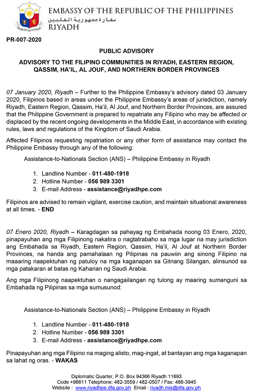 PR 007 2020 Advisory on Readiness of PH Gov to repatriate Filipinos