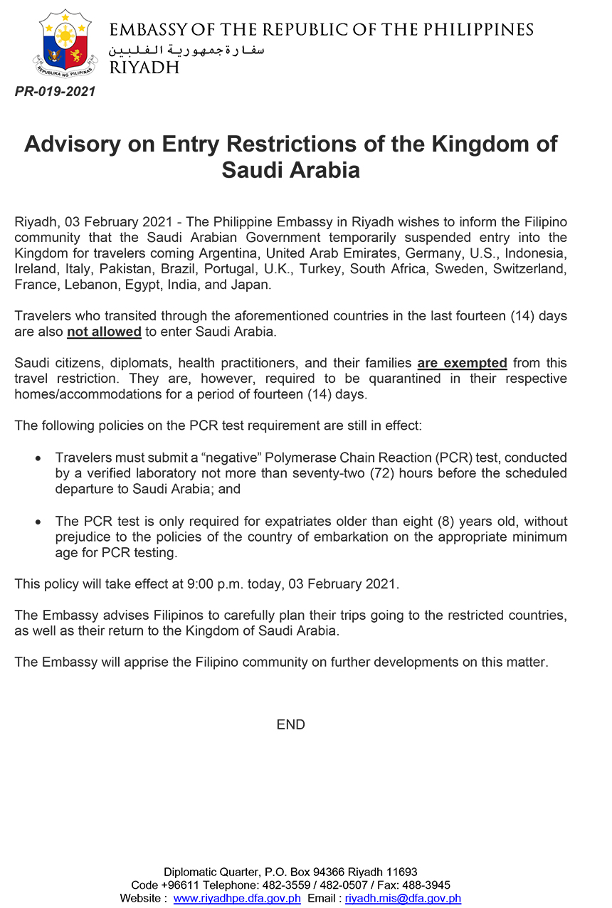 Saudi arabia travel ban advisory philippines 2021