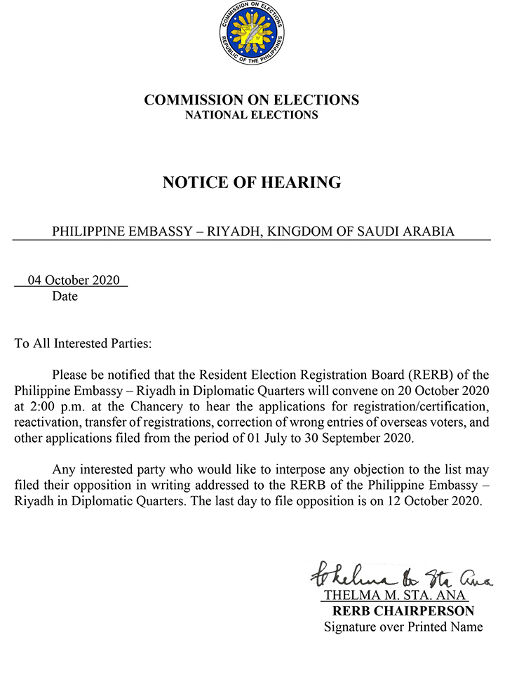 Notice of Hearing 20 OCT 2020 for posting