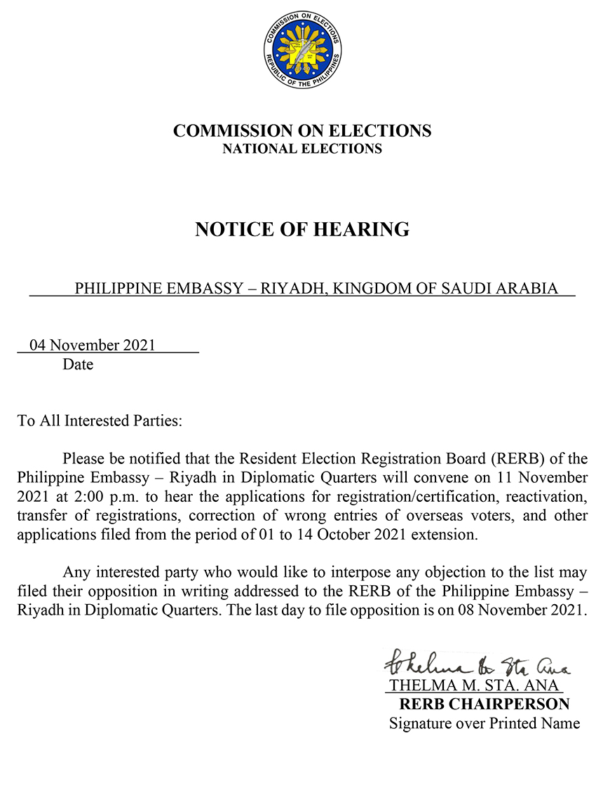 Notice of Hearing 11 NOV 2021