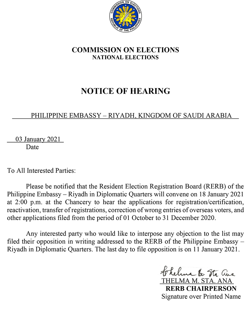 Notice of Hearing 18 JAN 2021