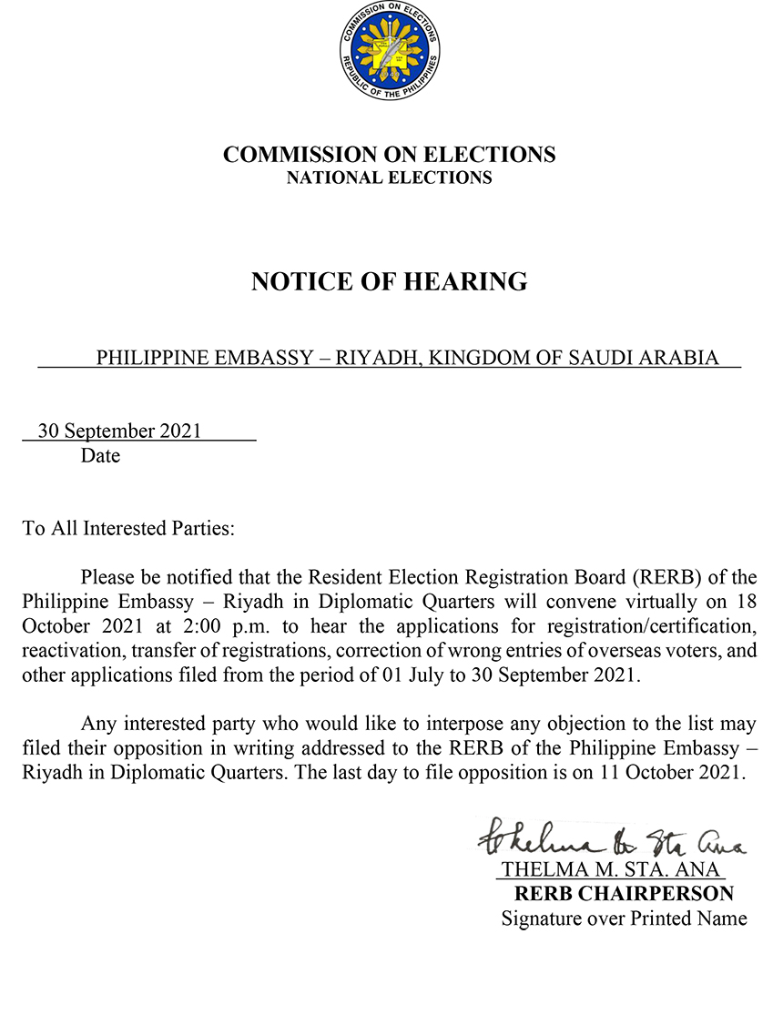 Notice of Hearing 18 OCT 2021 virtual