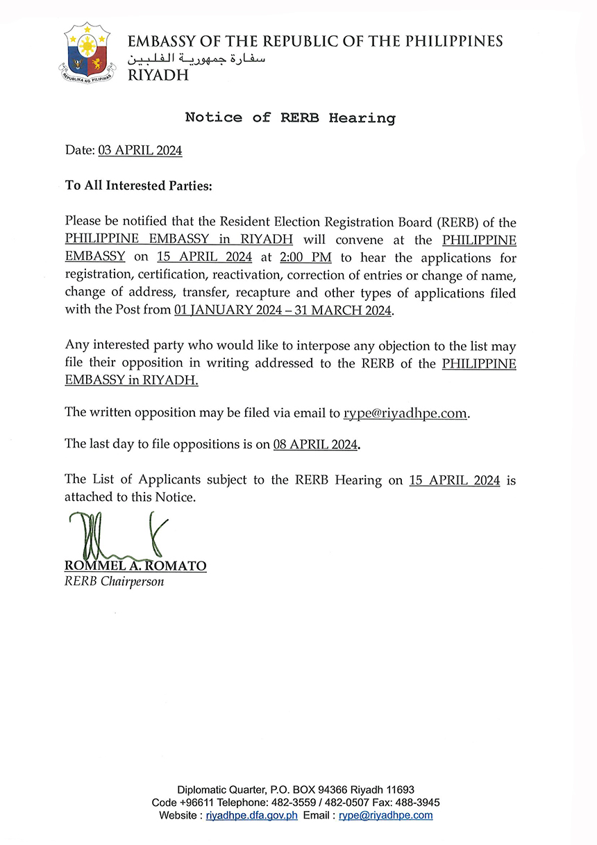 Notice of RERB Hearing 15 April 2024