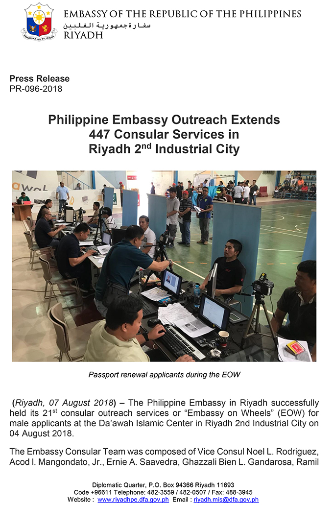 PR 096 2018 Philippine Embassy Outreach Extends 447 Consular Services in Riyadh 2nd Industrial City