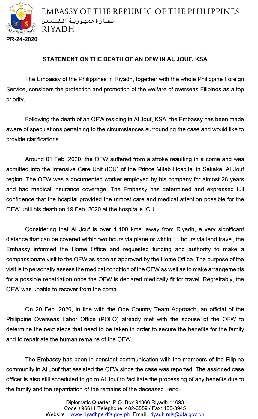 PR 024 2020 Statement RE OFW Magat 24 Feb 2020